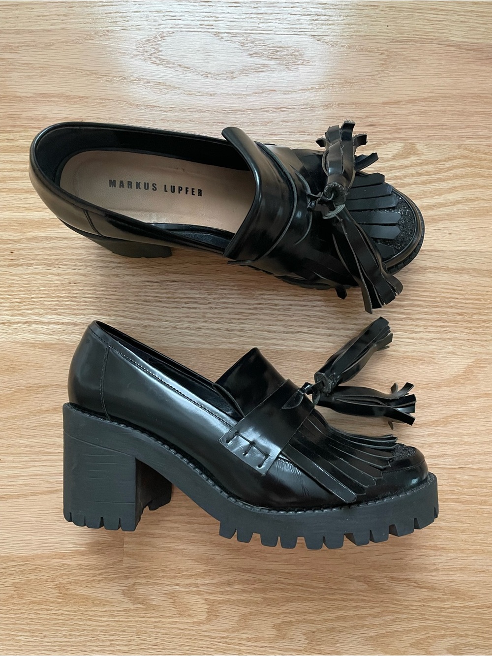 Markus Lupfer Black Leather Tassel Lug Heel Loafers